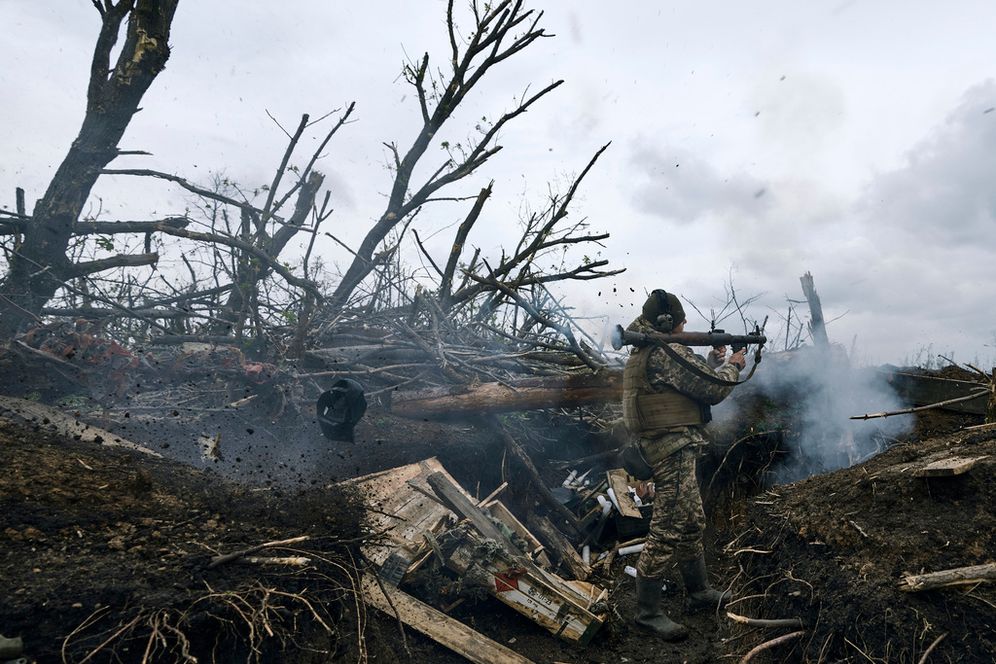 A Ukrainian soldier fires an RPG toward Russian positions at the frontline near Avdiivka, an eastern city where fierce battles against Russian forces have been taking place, in the Donetsk region, Ukraine, on April 28, 2023.