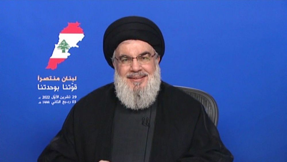 The head of the Lebanese Shiite movement Hezbollah Hassan Nasrallah delivering a televised speech in Lebanon.