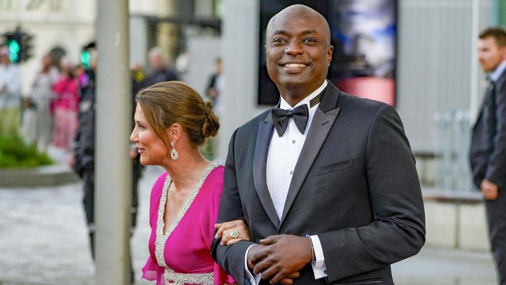 Princess Martha Louise of Norway (L) and her fiancé self-professed shaman Durek Verrett (R) arrive at Deichman Bjoervika, Oslo's main library, in Oslo, Norway.