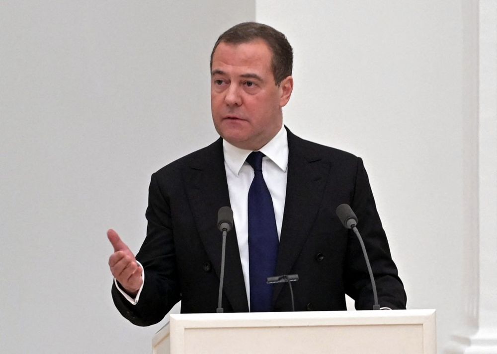 Deputy chairman of the Russian Security Council, Dmitry Medvedev, speaks in Moscow, Russia, on February 21, 2022.