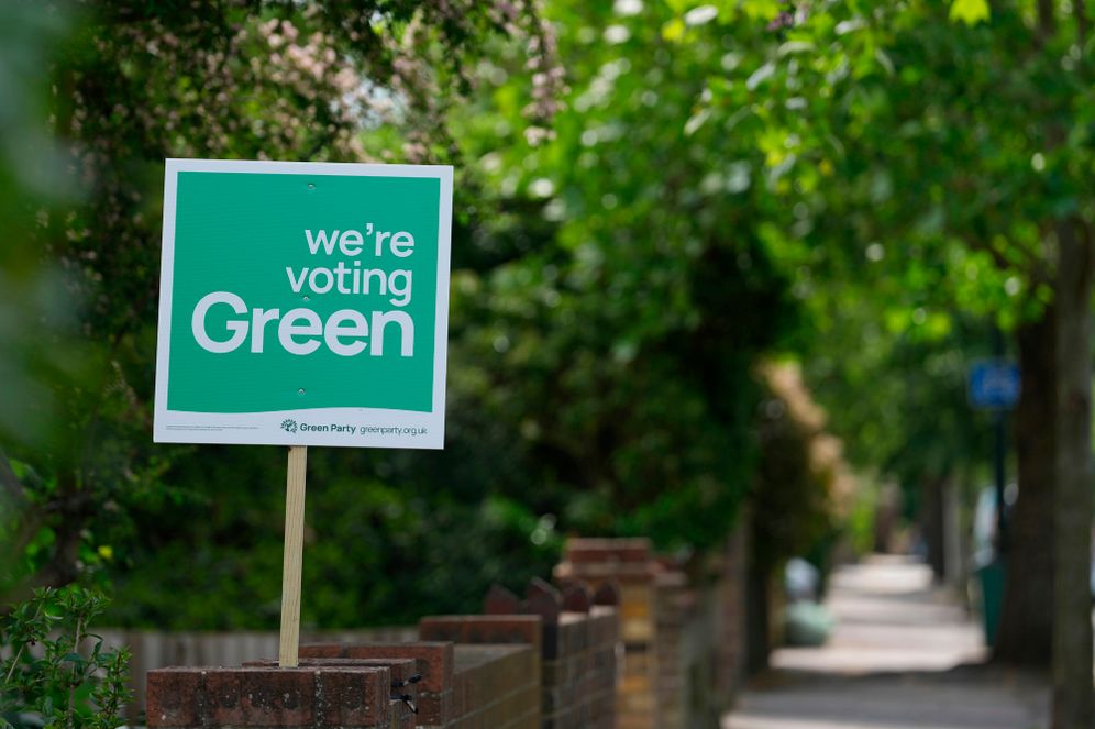 AP Photo/Alastair Grant A Green Party political sign put up by the householder to show support ahead of local council elections in London, Wednesday, May 6, 2026.