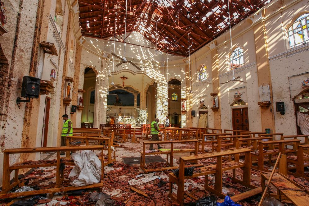A view of St. Sebastian's Church damaged in blast in Negombo, north of Colombo, Sri Lanka, Sunday, April 21, 2019. More than two hundred were killed and hundreds more hospitalized.