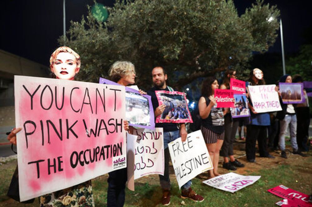 Supporters of the 'BDS' movement protest for lifting the Gaza blockade and to boycott the 2019 Eurovision Song Contest, outside the venue where the contest final will take place, in Tel Aviv, Israel, Saturday, May 18, 2019.