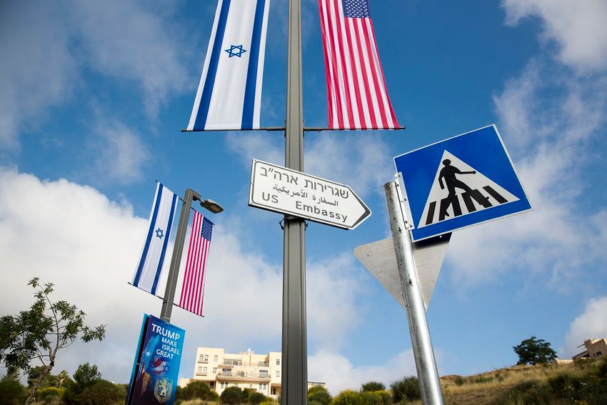 A road sign leading to the U.S. Embassy is seen ahead the official opening in Jerusalem, Sunday, May 13, 2018.