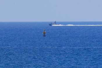 An Israeli Navy vessel patrols in the Mediterranean Sea off the southern Lebanese town of Naqoura, on June 6, 2022.
