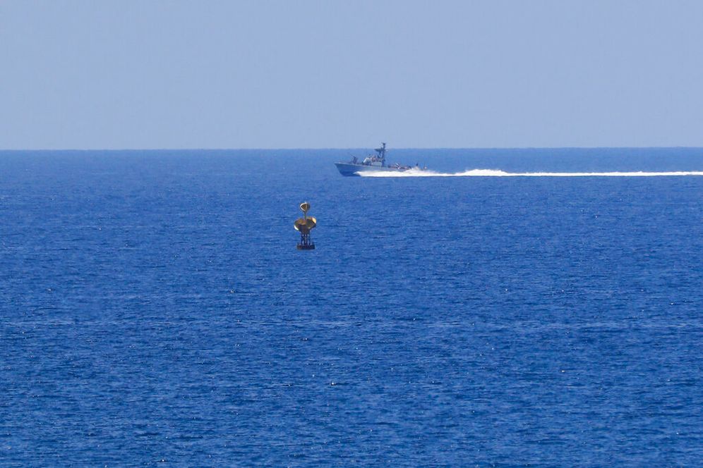 An Israeli Navy vessel patrols in the Mediterranean Sea off the southern Lebanese town of Naqoura, on June 6, 2022.