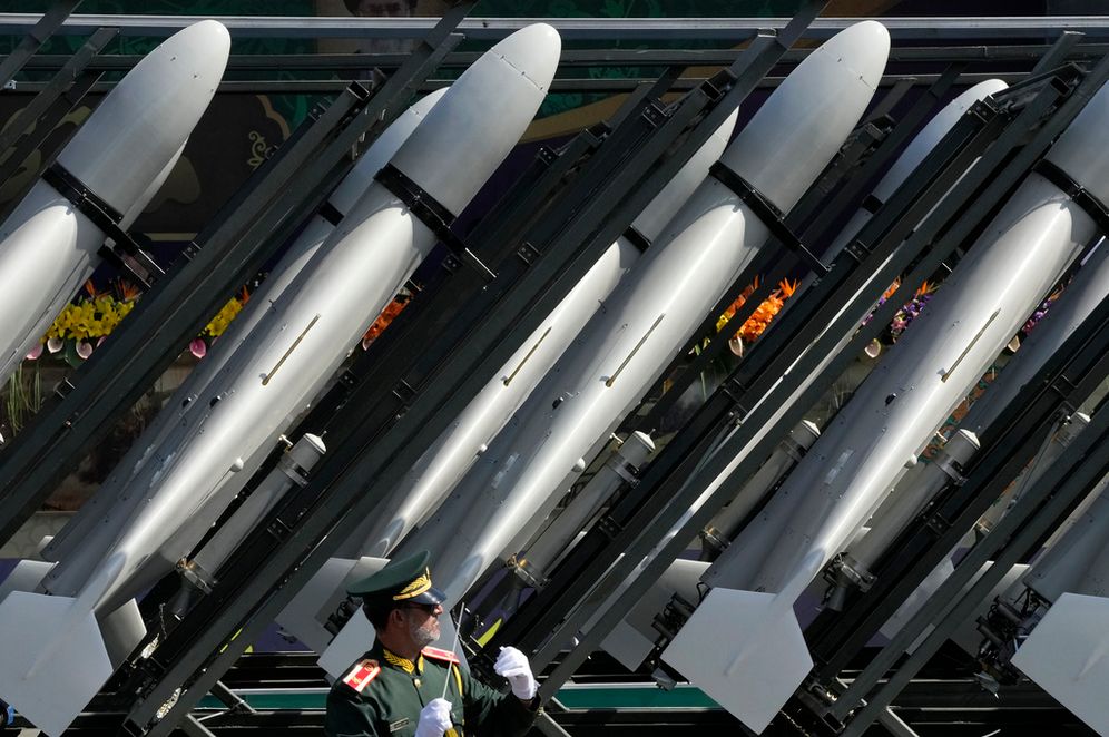 (AP Photo/Vahid Salemi, File) FILE—Iranian-made drones of the Revolutionary Guard aerospace division are seen on a truck during an annual military parade in front of the shrine of the late revolutionary founder Ayatollah Khomeini, just outside Tehran, Iran, Sept. 22, 2023.
