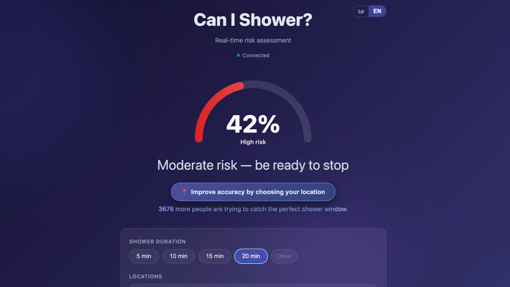 Can I Shower? / Screenshot Screenshot of Israeli website that predicts the safest time to shower between rocket attacks