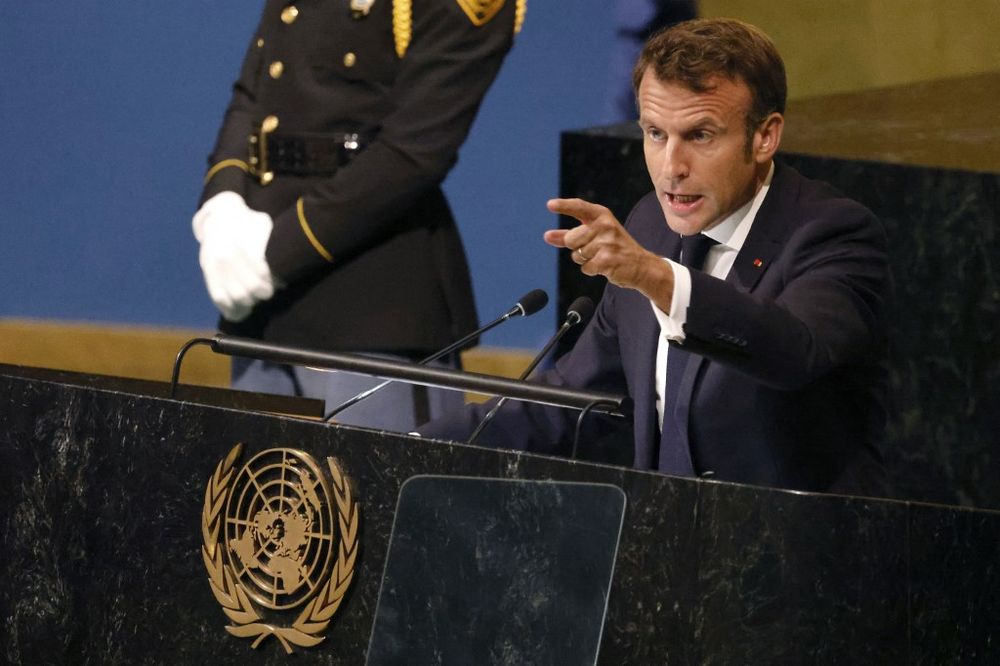 French President Emmanuel Macron addresses the 77th session of the United Nations General Assembly at UN headquarters in New York City on September 20, 2022.