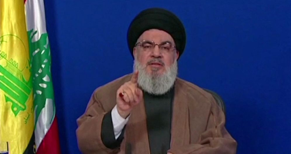 Le chef du groupe chiite libanais Hezbollah, Hassan Nasrallah, lors d'un discours télévisé depuis un lieu tenu secret, le 9 juin 2022