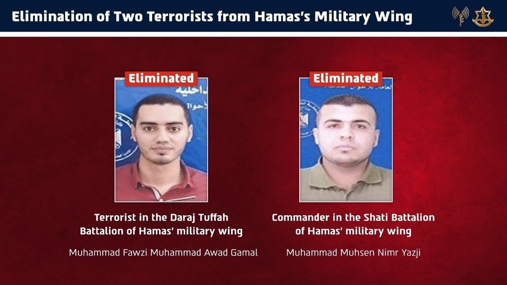 Les terroristes du Hamas Muhammad Muhsen Nimr Yazji et Muhammad Fawzi Muhammad Awad Gamal, éliminés par Tsahal dans la bande de Gaza, le 08.10.2026