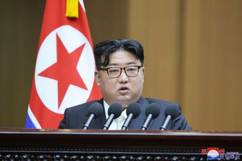 North Korean leader Kim Jong Un speaks at the Supreme People’s Assembly in Pyongyang, North Korea Monday, Jan. 15, 2024.