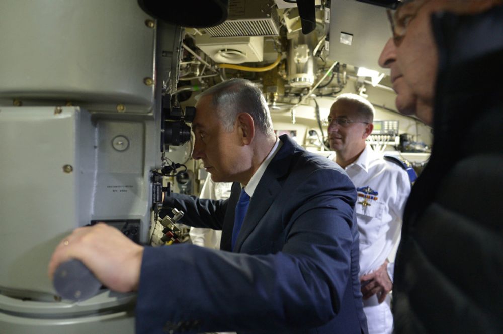 Then-Israeli prime minister Benjamin Netanyahu seen at a welcoming ceremony for the new submarine 'Rahav' at the Israeli navy base in Haifa, on January 12, 2016.