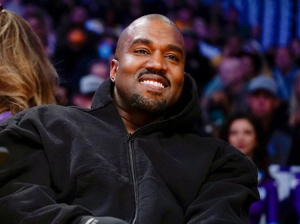 Kanye West watches an NBA basketball game in Los Angeles, the United States.