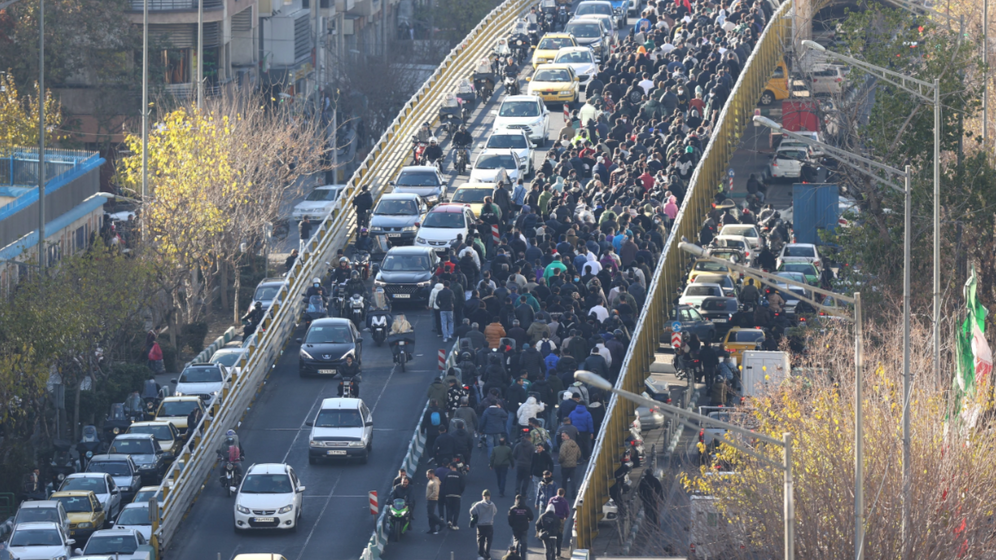 Protesters march in Tehran on December 29, 2025