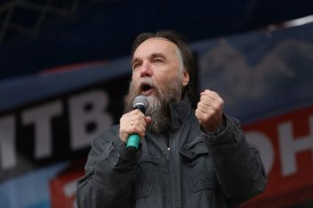 Russian ideologue Alexander Dugin delivers a speech during the 'Battle for Donbas' rally in support of the self-proclaimed Donetsk and Luhansk People's Republic in Moscow, Russia, on October 18, 2014.