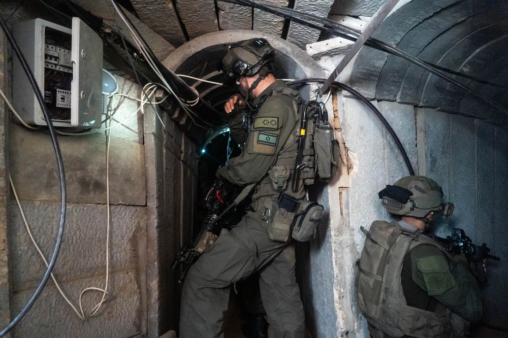 IDF soldiers inside a Hamas tunnel in Khan Yunis, Gaza Strip