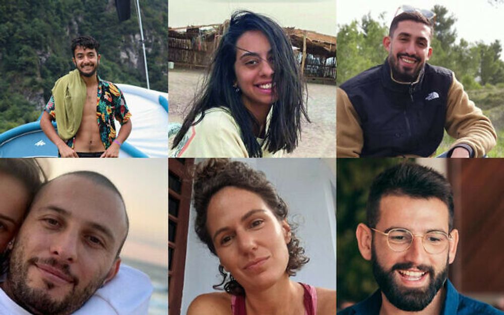 En haut (de gauche à droite) : Hersh Goldberg-Polin, 23 ans, Eden Yerushalmi, 24 ans, Ori Danino, 25 ans
En bas (de gauche à droite) : Alex Lubnov, 32 ans, Carmel Gat, 39 ans, et Almog Sarusi, 25 ans