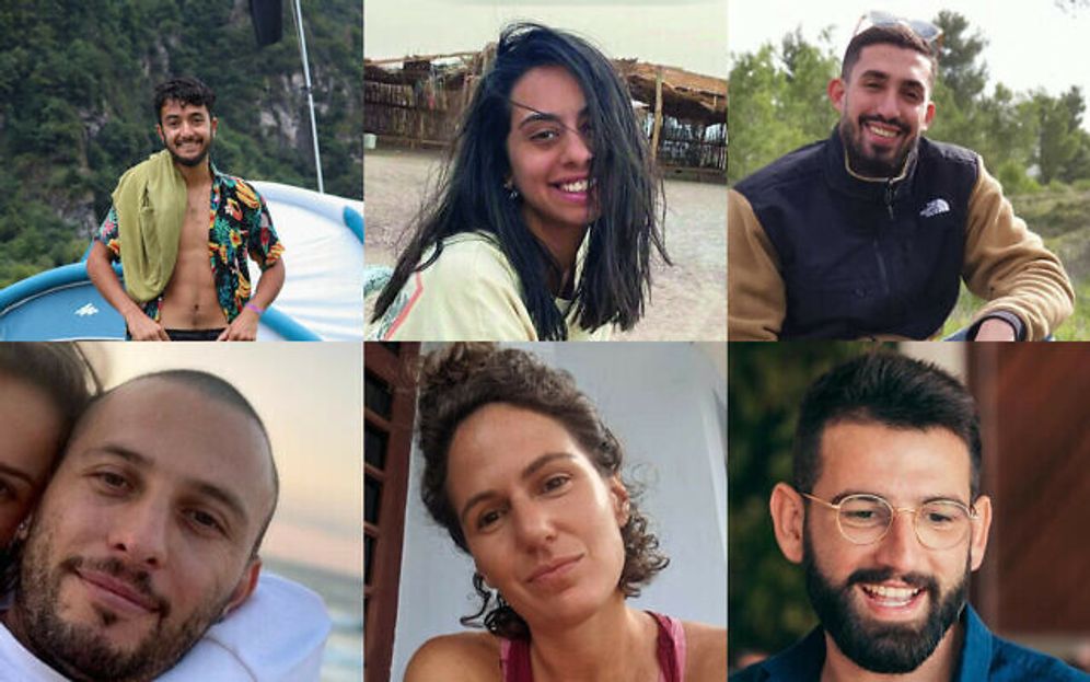 En haut (de gauche à droite) : Hersh Goldberg-Polin, 23 ans, Eden Yerushalmi, 24 ans, Ori Danino, 25 ans
En bas (de gauche à droite) : Alex Lubnov, 32 ans, Carmel Gat, 39 ans, et Almog Sarusi, 25 ans