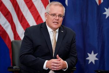 Australian Prime Minister Scott Morrison speaks at the Intercontinental Barclay Hotel during the United Nations General Assembly, September 21, 2021, in New York.