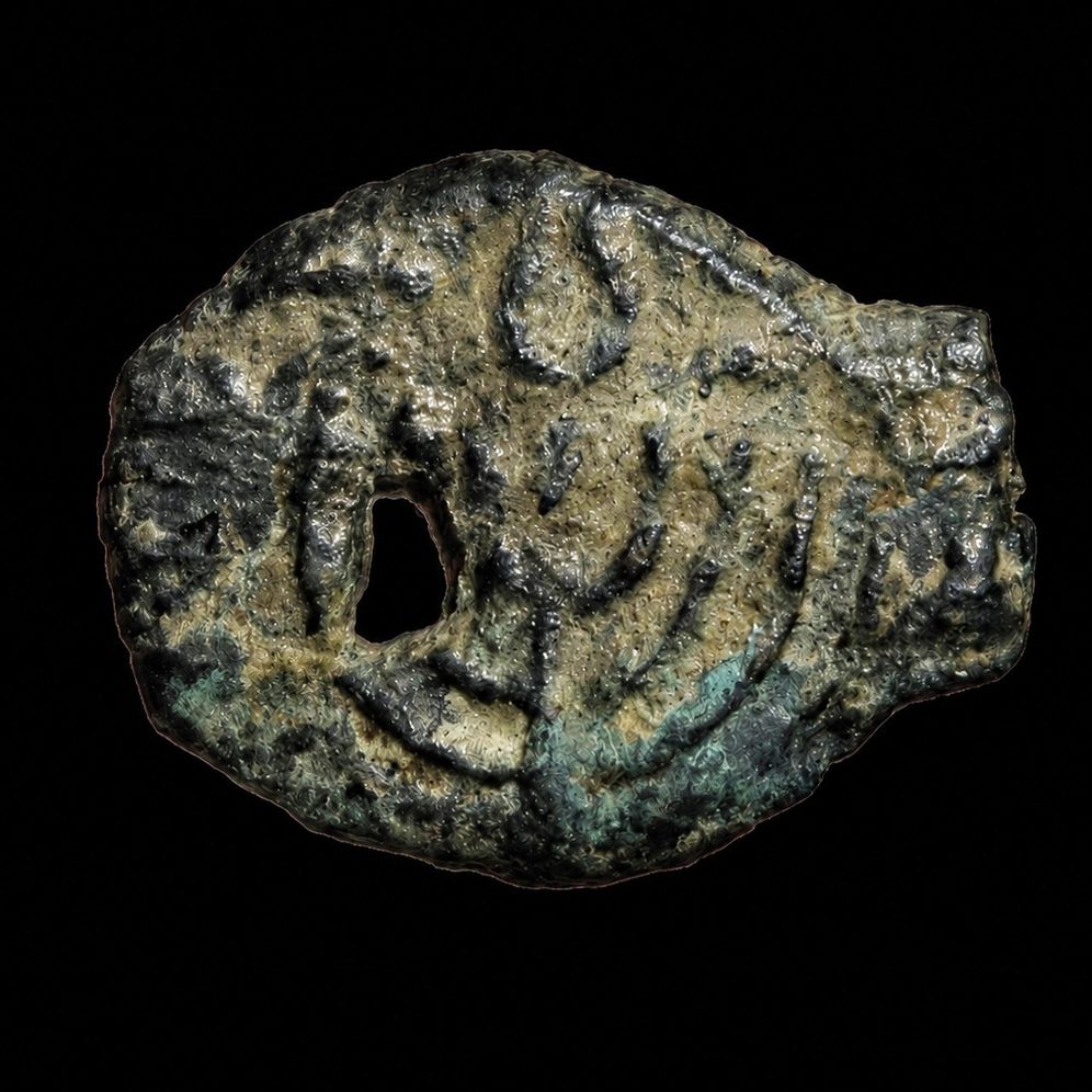 An ancient and rare coin depicting the seven-branched menorah that stood in the Temple in Jerusalem.