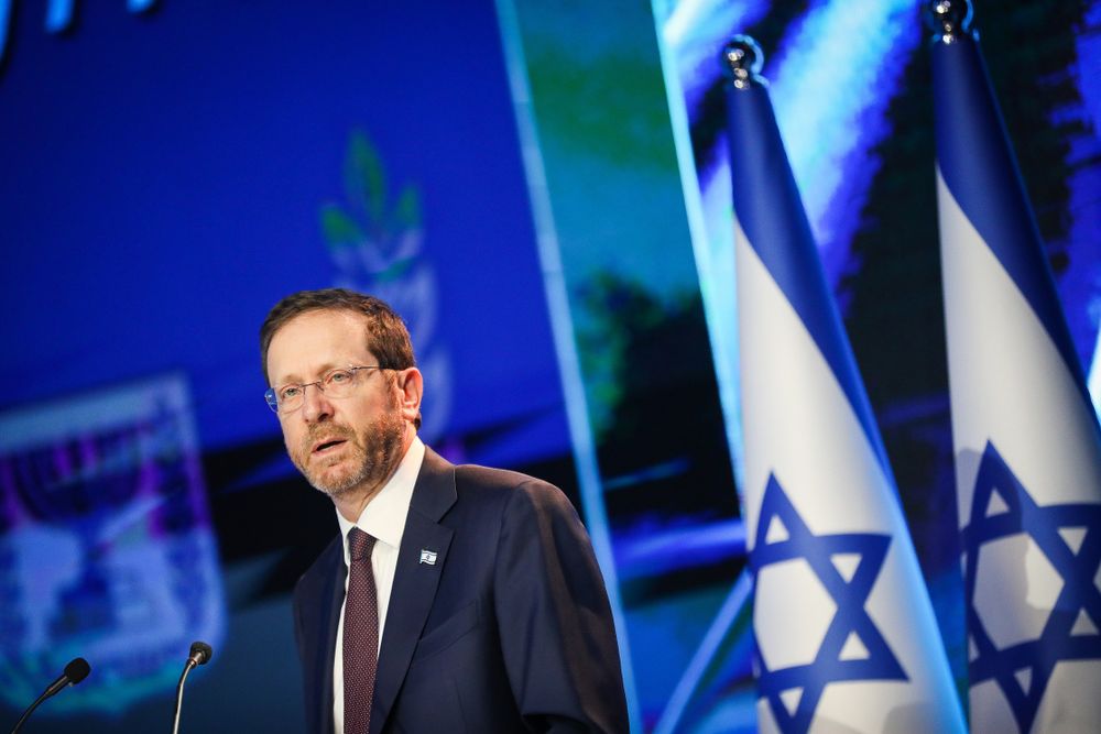 Israeli President Isaac Herzog at a ceremony in memory of former prime minister Menachem Begin, in Jerusalem on March 7, 2022.