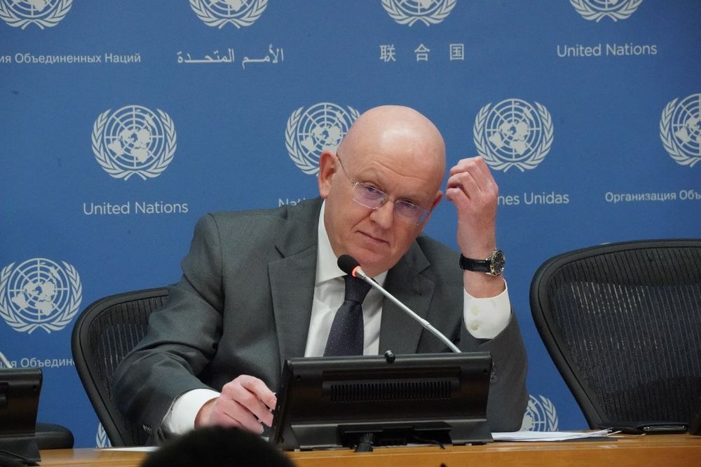 Russian Ambassador to the United Nations Vasily Nebenzia, president of the Security Council for the month of April, speaks at a press conference at the United Nations in New York, U.S.