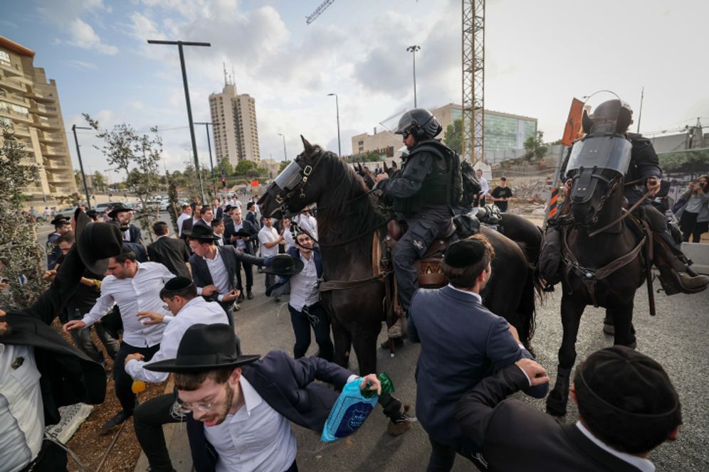 Ultra-Orthodox Israelis protest against the draft in Jerusalem on September 13, 2023.