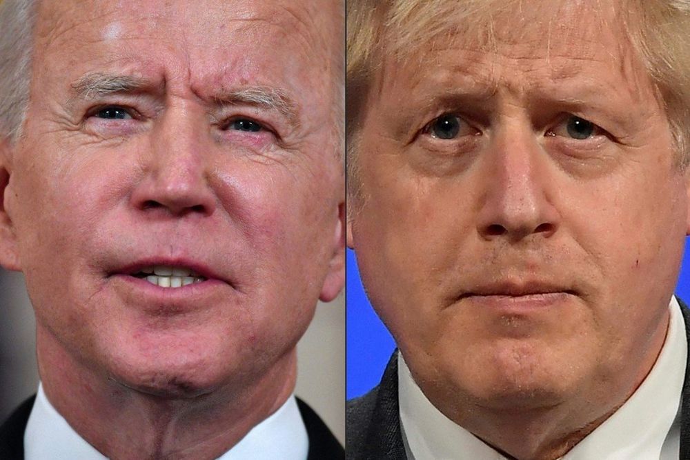 US President Joe Biden, left, and Britain's Prime Minister Boris Johnson, from images taken in Washington, DC, May 20, 2021, and Downing Street, London, April 20, 2021.