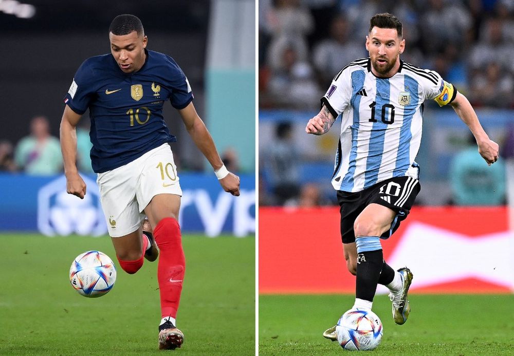France's forward Kylian Mbappe (L) and Argentina's forward Lionel Messi during the World Cup in Qatar.