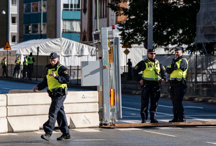 Police maintain security outside the Malmo Synagogue prior to a visit by Sweden's prime minister, in Malmo, Sweden, on October 12, 2021.