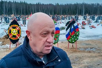 Wagner Group head Yevgeny Prigozhin attends the funeral of Dmitry Menshikov, a fighter of the Wagner group who died during the Ukraine war.