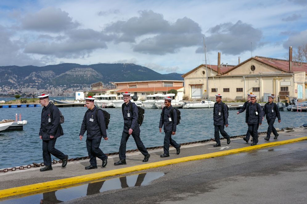 (AP Photo/Philippe Magoni) French Navy soldiers are seen walking during a press day at the military base, in Toulon, southern France, Thursday, Feb. 19, 2026.