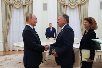 Putin greets US Special Envoy Steve Witkoff prior to their talks in Moscow on August 6, 2025