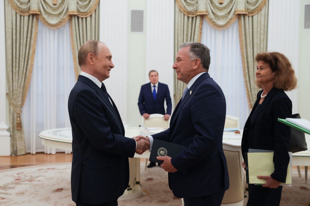 Putin greets US Special Envoy Steve Witkoff prior to their talks in Moscow on August 6, 2025
