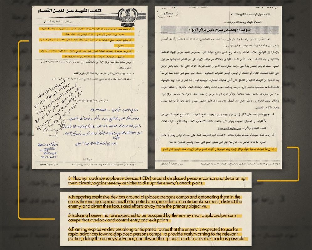 Tsahal Document interne attribué au Hamas, dévoilé par Tsahal, détaillant un projet d'installation d'engins explosifs à proximité de camps de déplacés dans la bande de Gaza.