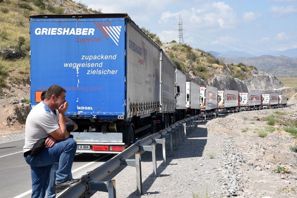 Lorries carrying humanitarian aid for the breakaway Nagorno-Karabakh region near the entrance to the Lachin corridor.