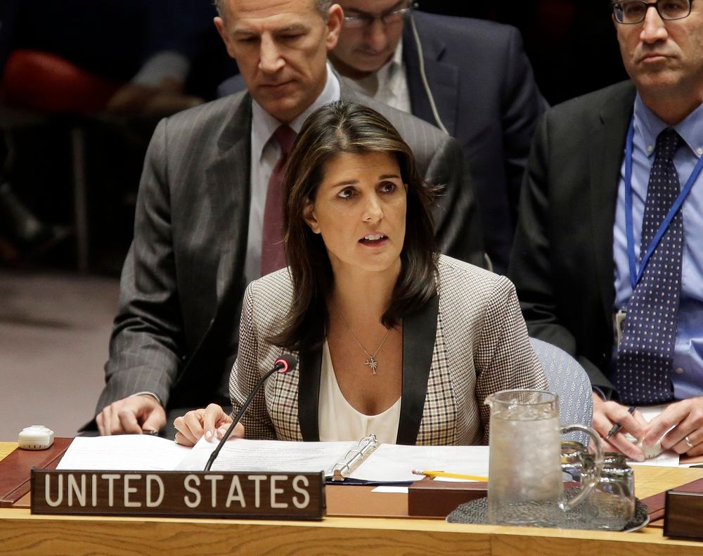 FILE-In this Monday, Nov. 26, 2018 file photo, United States Ambassador to the United Nations Nikki Haley speaks during a security council meeting about the escalating tensions between the Ukraine and Russia at United Nations headquarters.