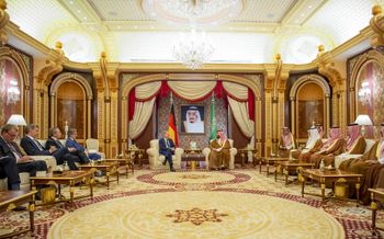 Saudi Crown Prince Mohammed bin Salman (C-R) receiving Germany's Chancellor Olaf Scholz (C-L) at al-Salam Palace in the Red Sea coastal city of Jeddah, Saudi Arabia on September 24, 2022.