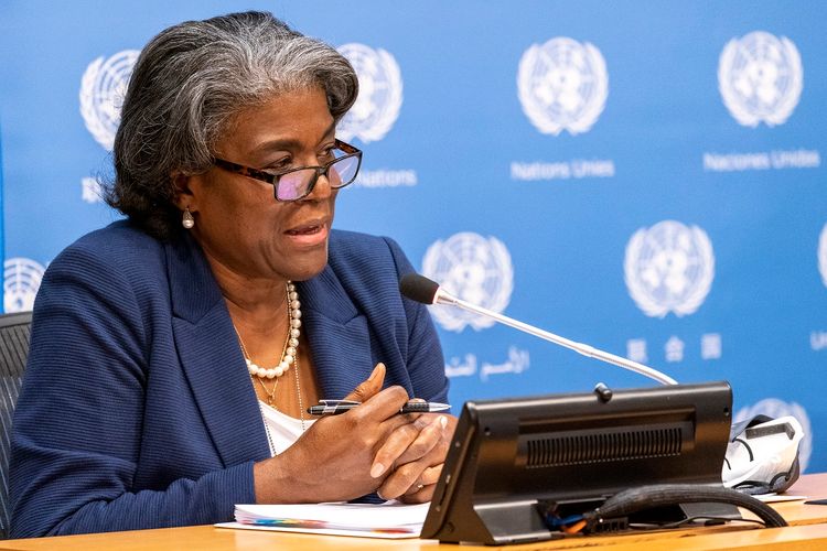 L'ambassadrice des États-Unis auprès des Nations Unies, Linda Thomas-Greenfield, lors d'une conférence de presse, le 1er mars 2021, au siège des Nations Unies