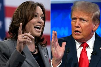 La vice-présidente américaine Kamala Harris à Raleigh (Caroline du Nord), le 26 mars 2024; et l'ex-président américain Donald Trump à Atlanta (Géorgie), le 27 juin 2024