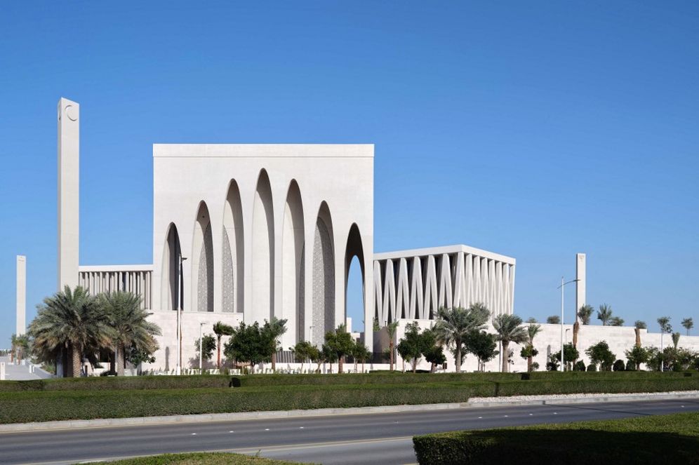 The newly inaugurated center in Abu Dhabi that houses a mosque (C), a church, and the United Arab Emirate's first official synagogue (R).