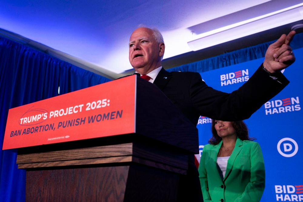 Minnesota Gov. Tim Walz speaks during a news conference for the Biden-Harris campaign discussing the Project 2025 plan during the third day of the 2024 Republican National Convention near the Fiserv Forum, Wednesday, July 17, 2024, in Milwaukee. ()