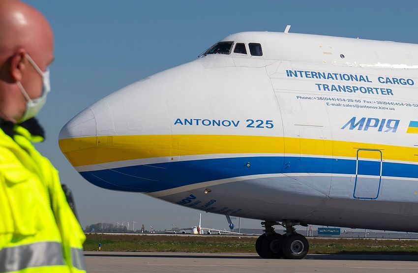 World's largest cargo plane Antonov An-225 arrives to unload more than eight million face masks from China as a Bundeswehr transport to the Leipzig/Halle airport in Leipzig, Germany, on April 27, 2020.