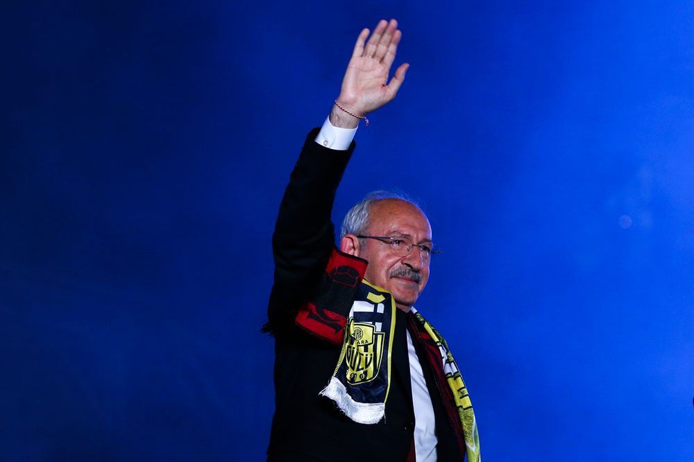 Kemal Kilicdaroglu gestures to supporters during an election campaign rally in Ankara, Turkey.