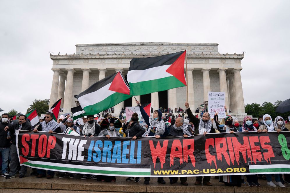 Supporters of the Palestinians rally during the National March for Palestine demonstration at Lincoln Memorial, in Washington, May 29. 2021.