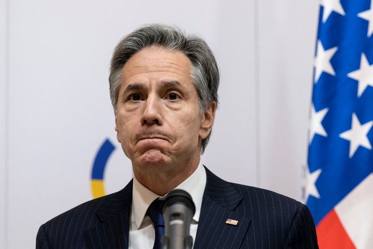 US Secretary of State Antony Blinken gives a press conference following his meeting with Ukrainian Foreign Minister at the Ministry of Foreign Affairs in Kyiv, Ukraine, on January 19, 2022.