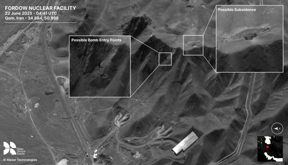 First satellite images released after the US strike on Iran's Fordow nuclear facility, which were hit with GBU-57A/B bunker busters, also known as the massive ordnance penetrator (MOP)