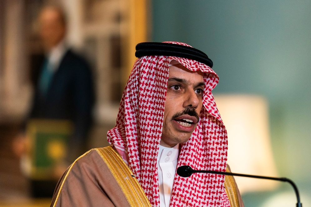 FILE - Saudi Minister of Foreign Affairs Prince Faisal bin Farhan Al Saud speaks during his meeting with Secretary of State Mike Pompeo, at the State Department, on October 14, 2020, in Washington.