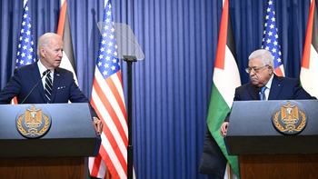 US President Joe Biden (L) and Palestinian Authority President Mahmoud Abbas deliver statements in Bethlehem, the West Bank, on July 15, 2022.